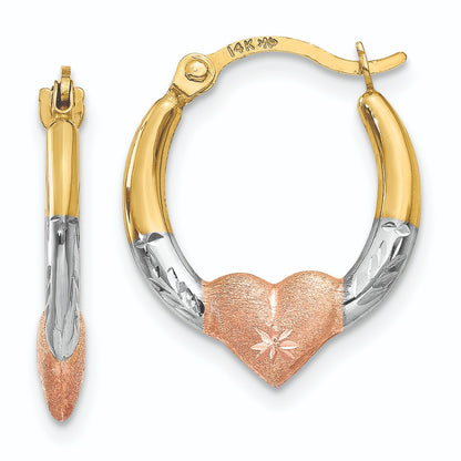14K Tri-Color Gold Heart Diamond-Cut Round Small Hoops Earrings 13mm