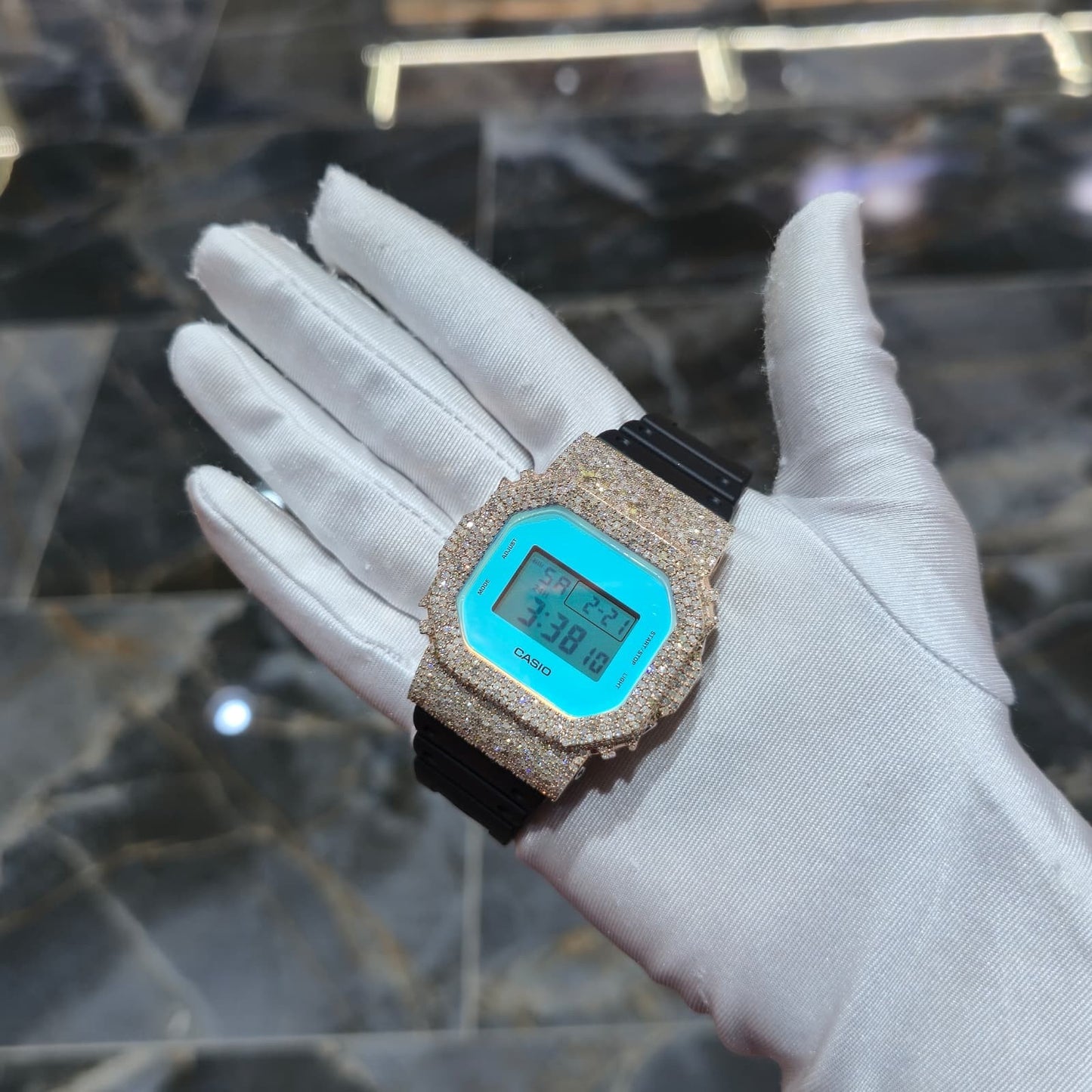 Blue Dial+ G-Shock DW-5600TL 5CT Natural Diamonds All Rose Bezel ICED OUT Watch