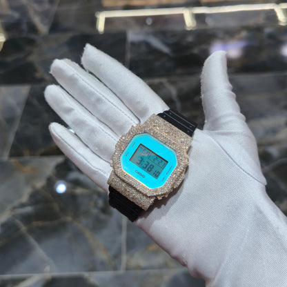 Blue Dial+ G-Shock DW-5600TL 5CT Natural Diamonds All Rose Bezel ICED OUT Watch