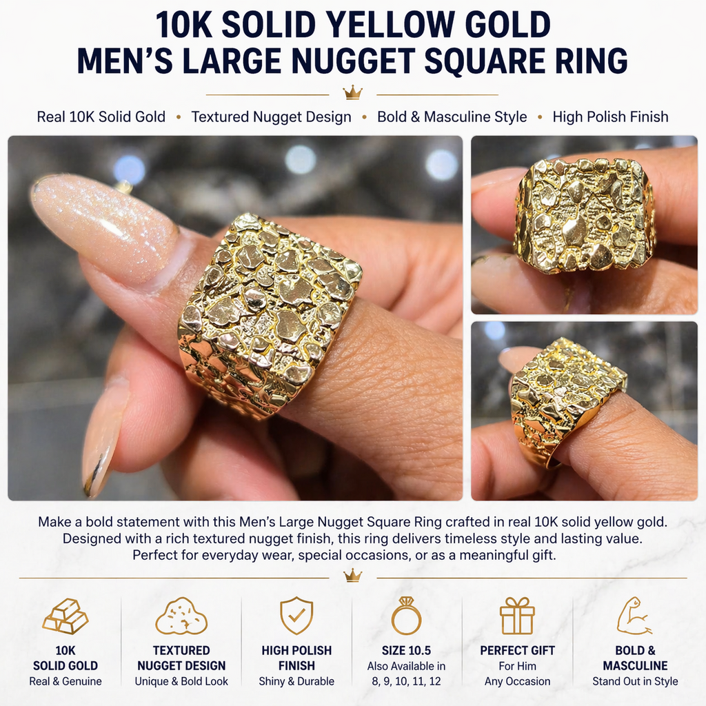 Mens Large Nugget Square Ring Real Solid 10K Yellow Gold ALL SIZES