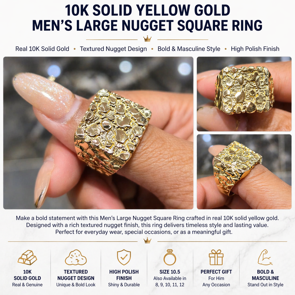 Mens Large Nugget Square Ring Real Solid 10K Yellow Gold ALL SIZES