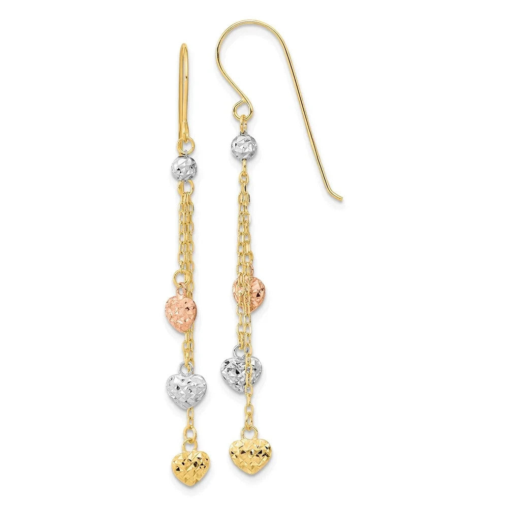 14k Tri-color D/C Triple Heart Dangle Shepherd Hook Earrings 1.24 g