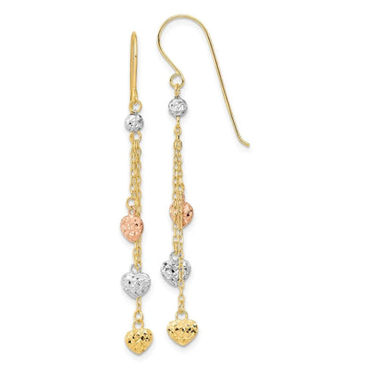 14k Tri-color D/C Triple Heart Dangle Shepherd Hook Earrings 1.24 g