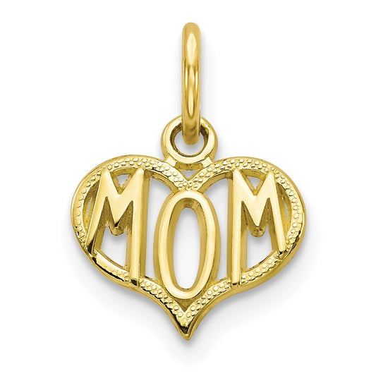 10K Yellow Gold MOM Heart Pendant Charm Small 0.5" Polished Gift