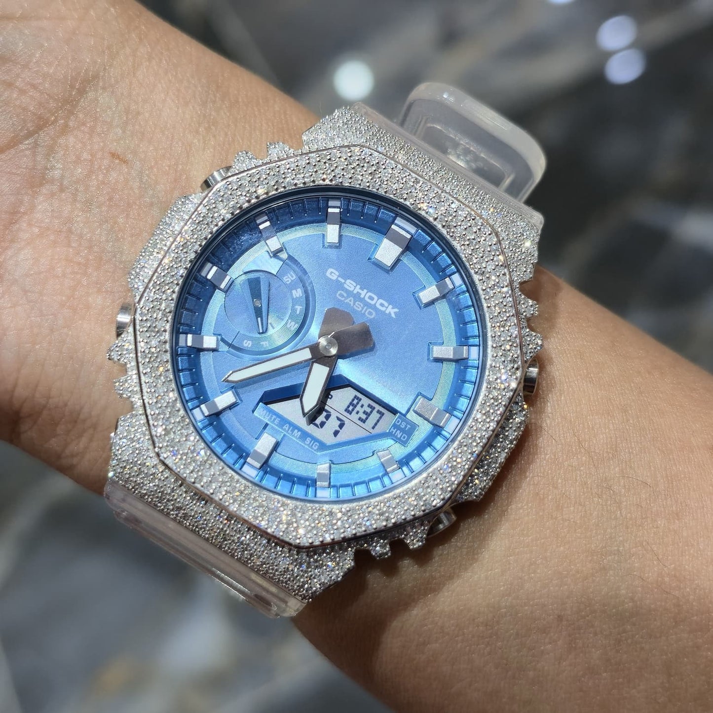 Casio G-Shock S2100  Iced Out Natural Diamond Watch 5CT | Blue Dial Clear Band