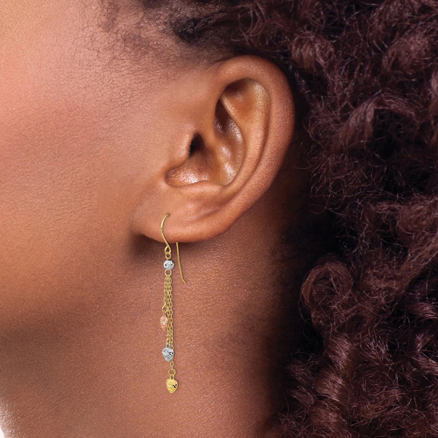 14k Tri-color D/C Triple Heart Dangle Shepherd Hook Earrings 1.24 g