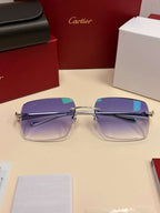 Cartier Panthere Decor Rimless Sunglasses Platinum Frame Blue Gradient Lens