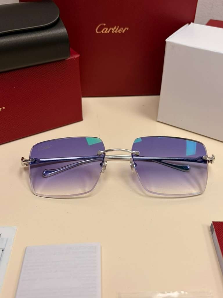 Cartier Panthere Decor Rimless Sunglasses Platinum Frame Blue Gradient Lens