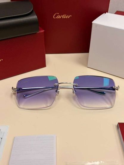 Cartier Panthere Decor Rimless Sunglasses Platinum Frame Blue Gradient Lens