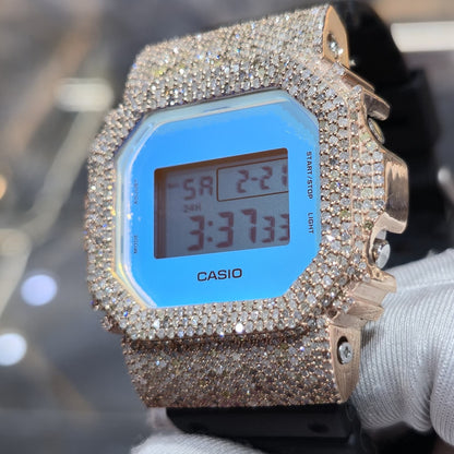 Blue Dial+ G-Shock DW-5600TL 5CT Natural Diamonds All Rose Bezel ICED OUT Watch