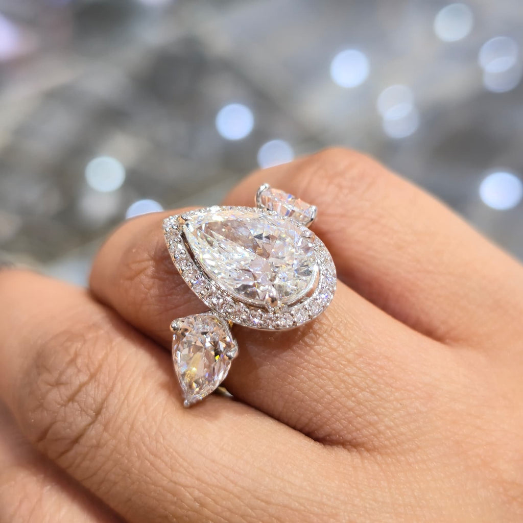 9.42CT Pear Lab Grown Diamond Engagement Ring | 14K Gold | E VVS2 | Halo 3-Stone