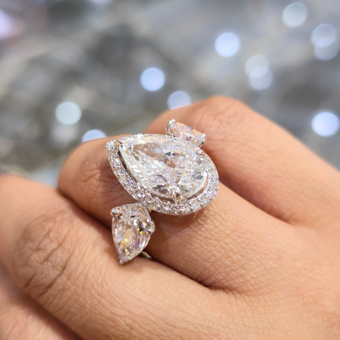 9.42CT Pear Lab Grown Diamond Engagement Ring | 14K Gold | E VVS2 | Halo 3-Stone