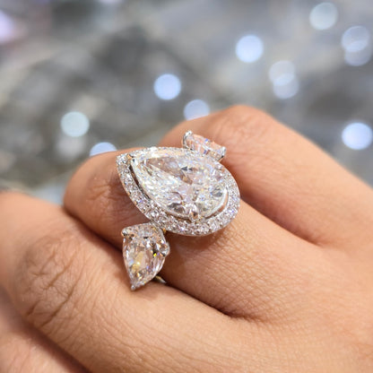 9.42CT Pear Lab Grown Diamond Engagement Ring | 14K Gold | E VVS2 | Halo 3-Stone