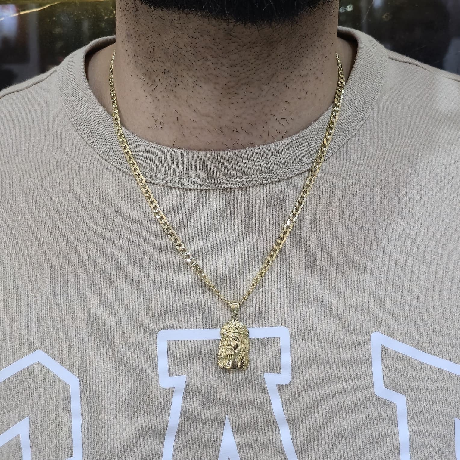 Real 10K Gold Cuban Curb Chain 4mm 20" w/Jesus Head Pendant Charm Combo Set DEAL