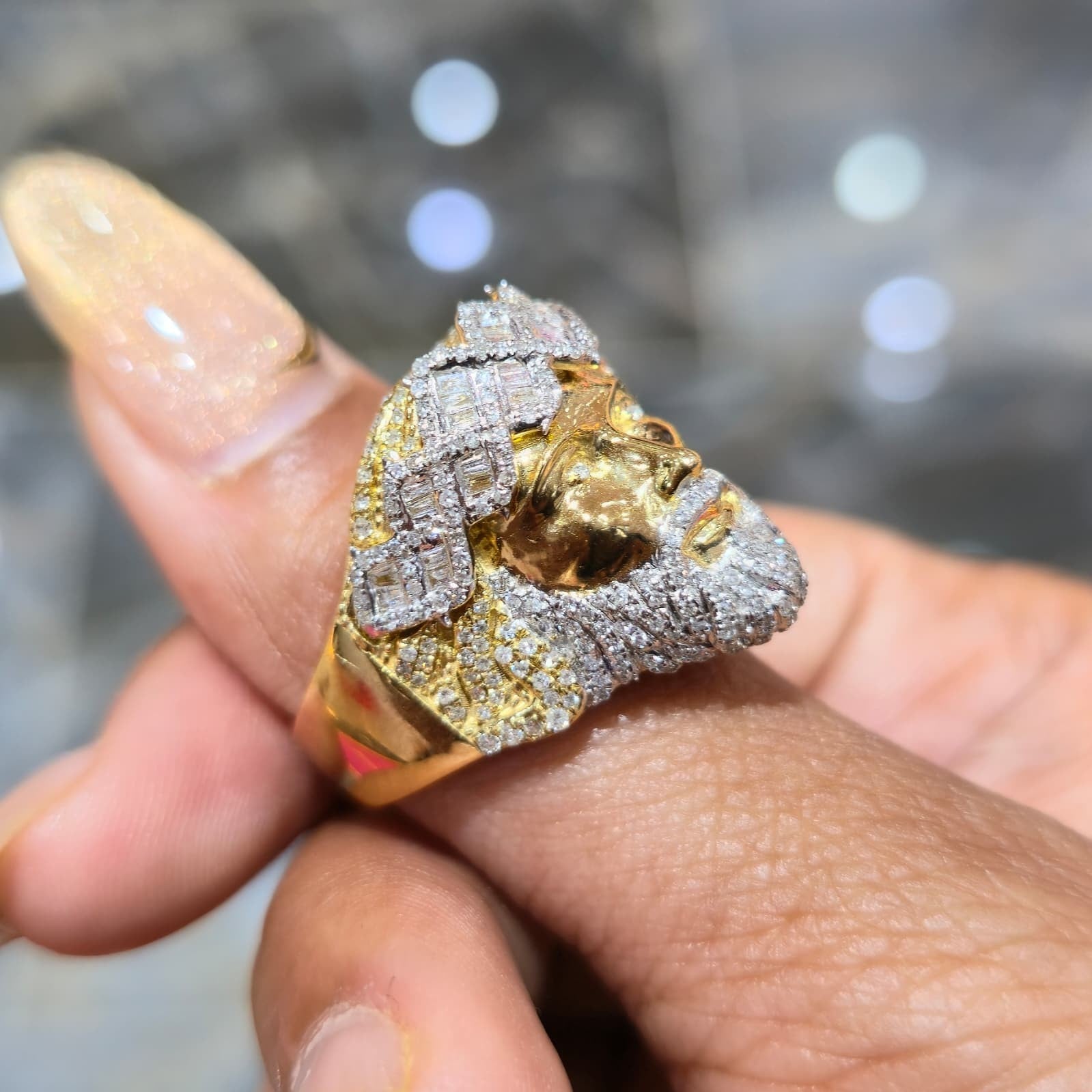 10K Yellow Gold Natural Diamond Jesus Head Ring 1.05 CTW Religious Men's Ring