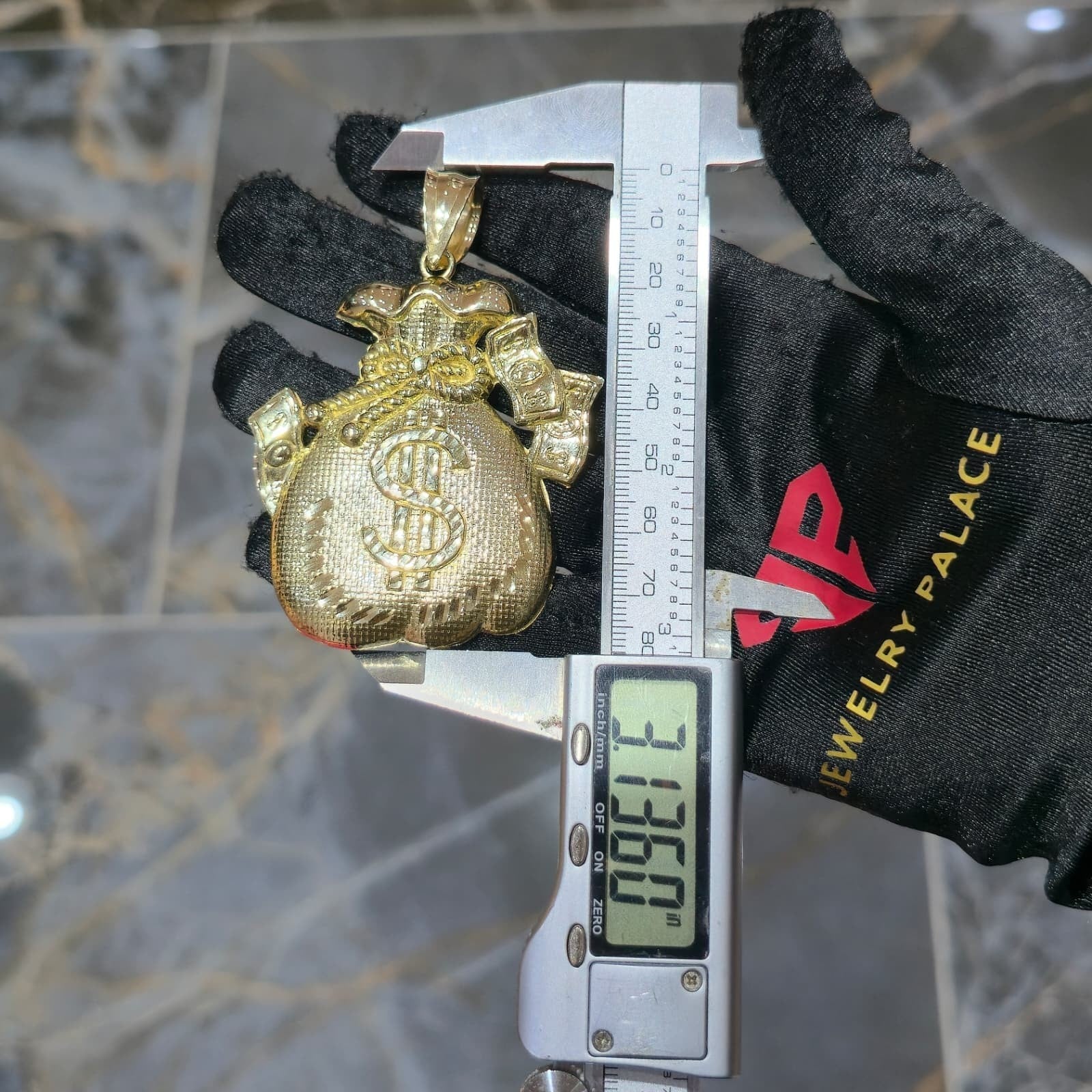 10K Yellow Gold Money Bag Pendant Charm Dollar Sign Diamond Cut Mens Hip Hop 3in