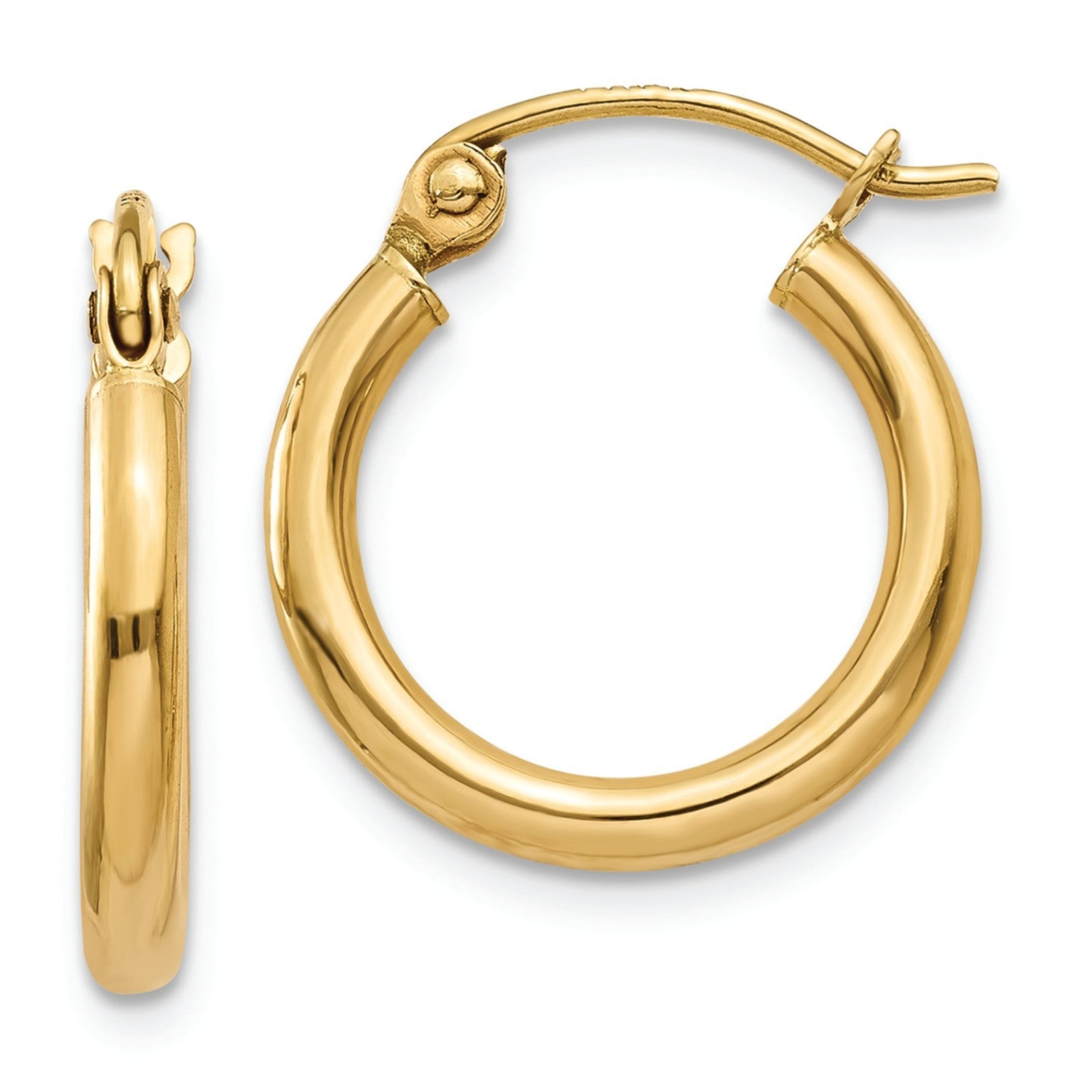 14K Yellow Gold Polished Tube Hoop Earrings 15mm Lightweight 2mm Thick