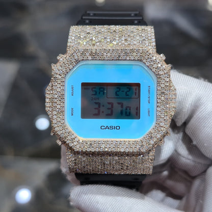 Blue Dial+ G-Shock DW-5600TL 5CT Natural Diamonds All Rose Bezel ICED OUT Watch