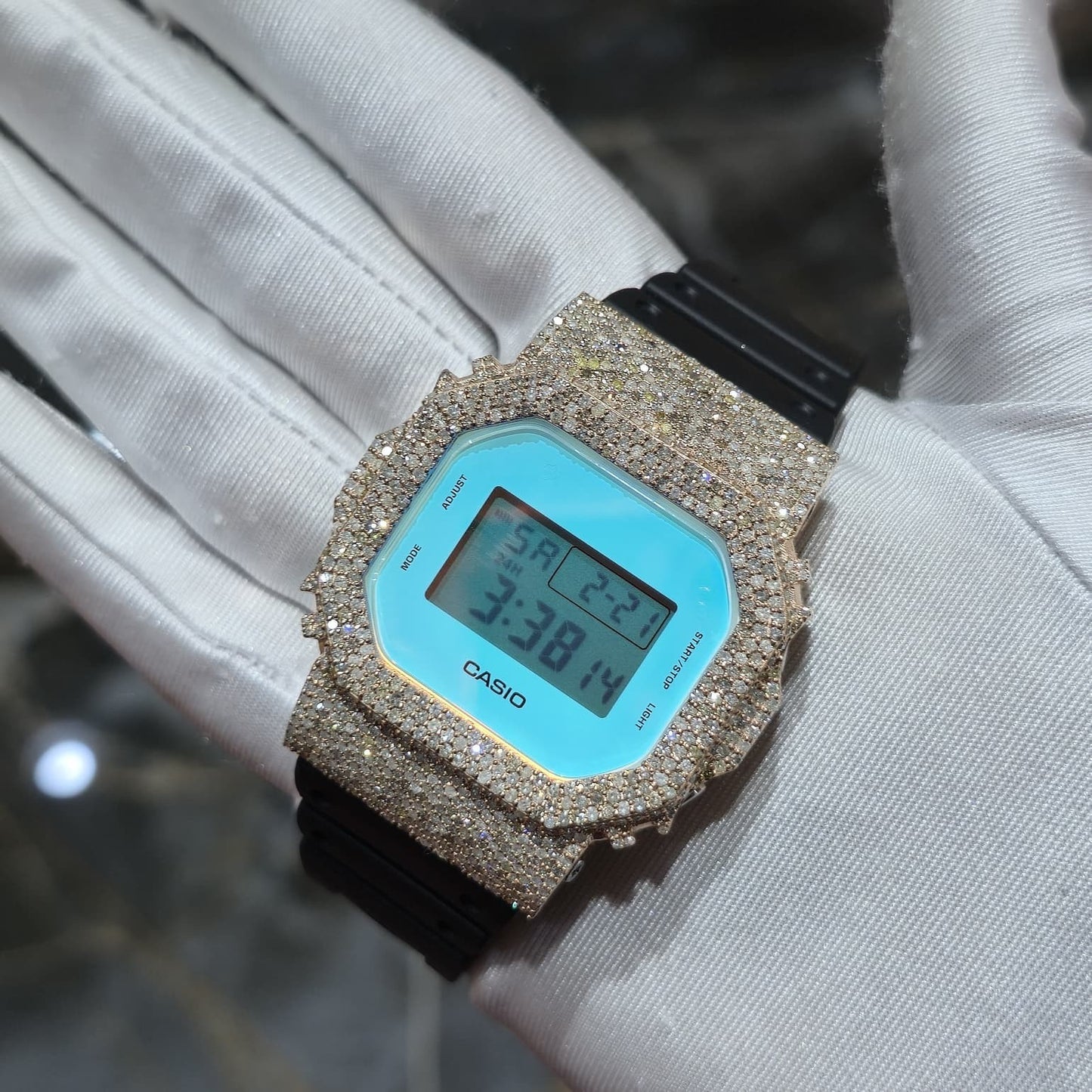 Blue Dial+ G-Shock DW-5600TL 5CT Natural Diamonds All Rose Bezel ICED OUT Watch