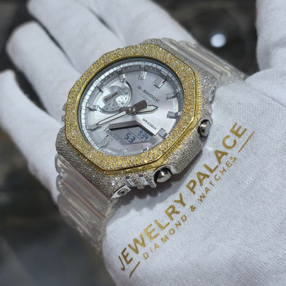 Casio G-Shock S2100  Iced Out Natural Diamond Watch 5CT | Silver Dial Clear Band