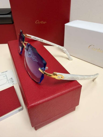 Cartier C Decor Rimless Sunglasses Customized Authentic Blue Lenses Full Set Box