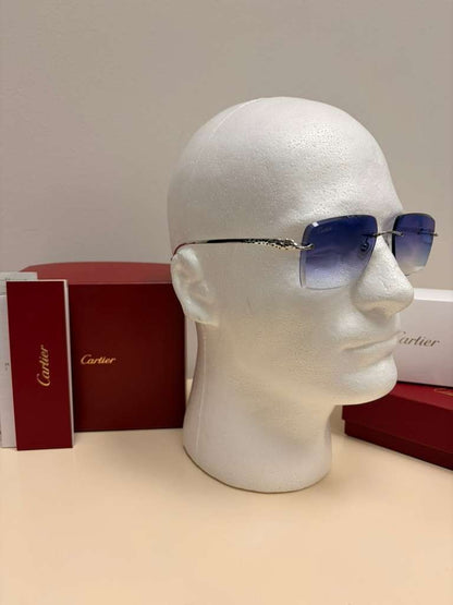 Cartier Panthere Decor Rimless Sunglasses Platinum Frame Blue Gradient Lens