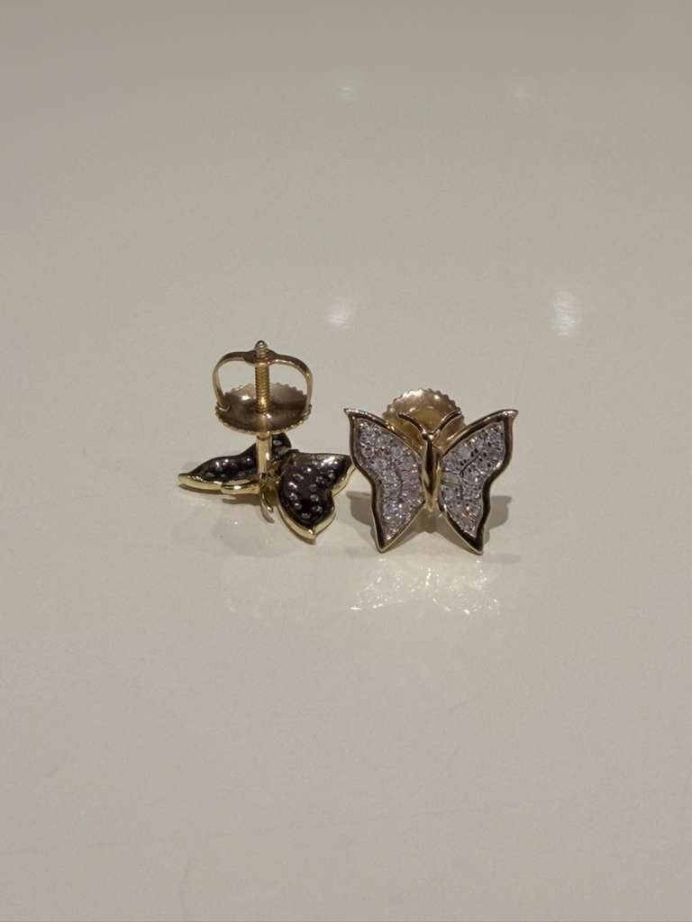 0.12CTW Natural Diamond 10K Gold Yellow White Butterfly Stud Earrings 9mm