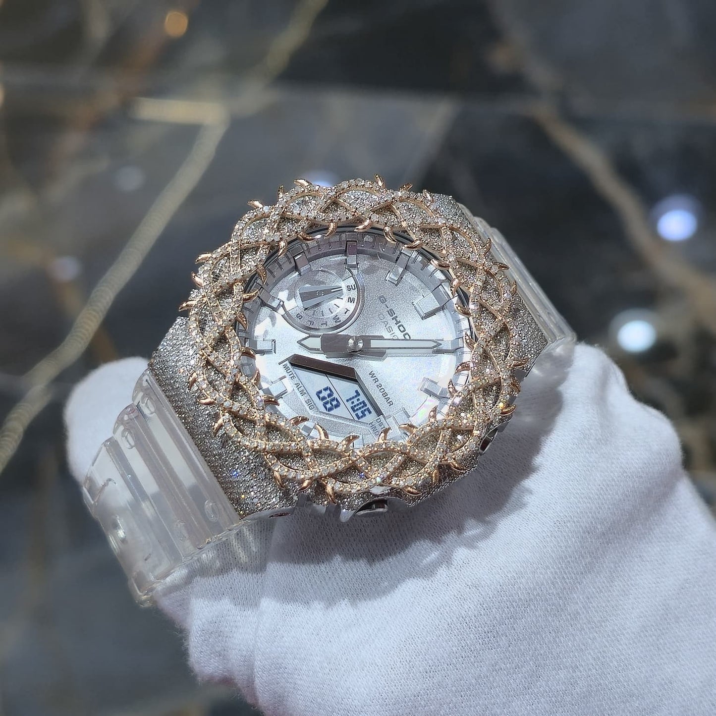 Authentic Casio G-Shock S2100  Iced Out Natural Diamond Watch 5CT | Silver Dial