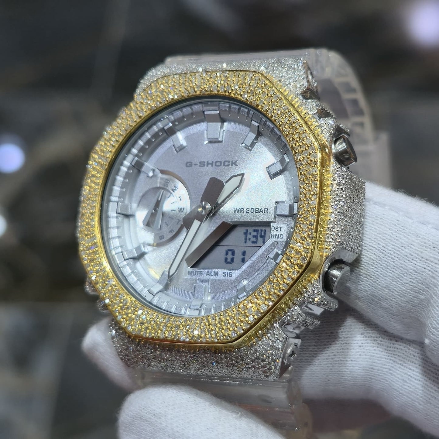 Casio G-Shock S2100  Iced Out Natural Diamond Watch 5CT | Silver Dial Clear Band