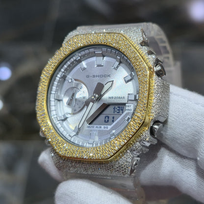 Casio G-Shock S2100  Iced Out Natural Diamond Watch 5CT | Silver Dial Clear Band