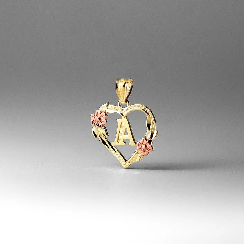 10K gold heart and flower initial pendant - letter A