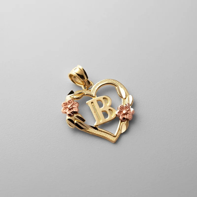 10K gold heart and flower initial pendant - letter B