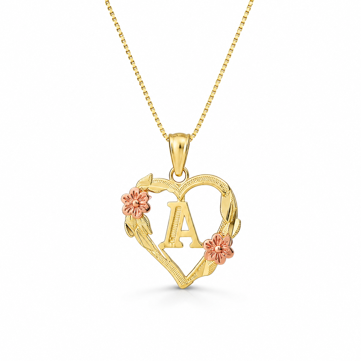 10K gold heart and flower initial pendant with 18-inch box chain