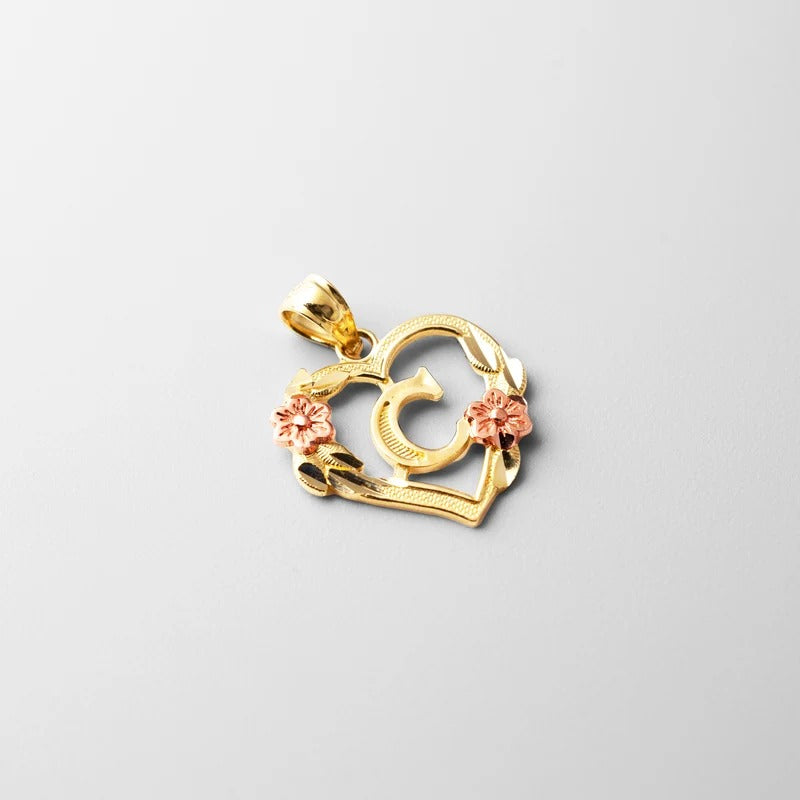 10K gold heart and flower initial pendant - letter C