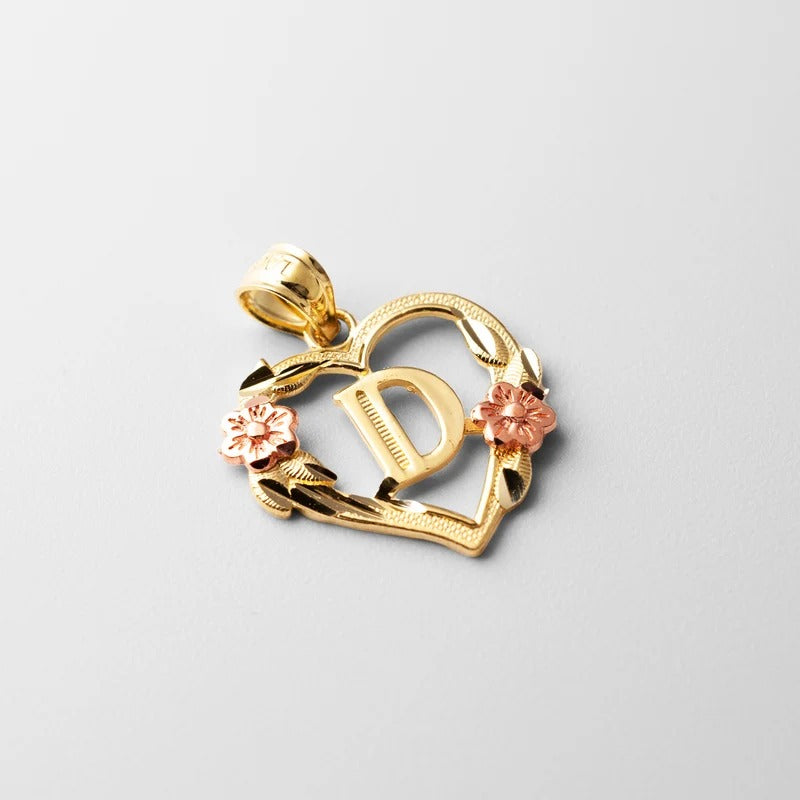 10K gold heart and flower initial pendant - letter D