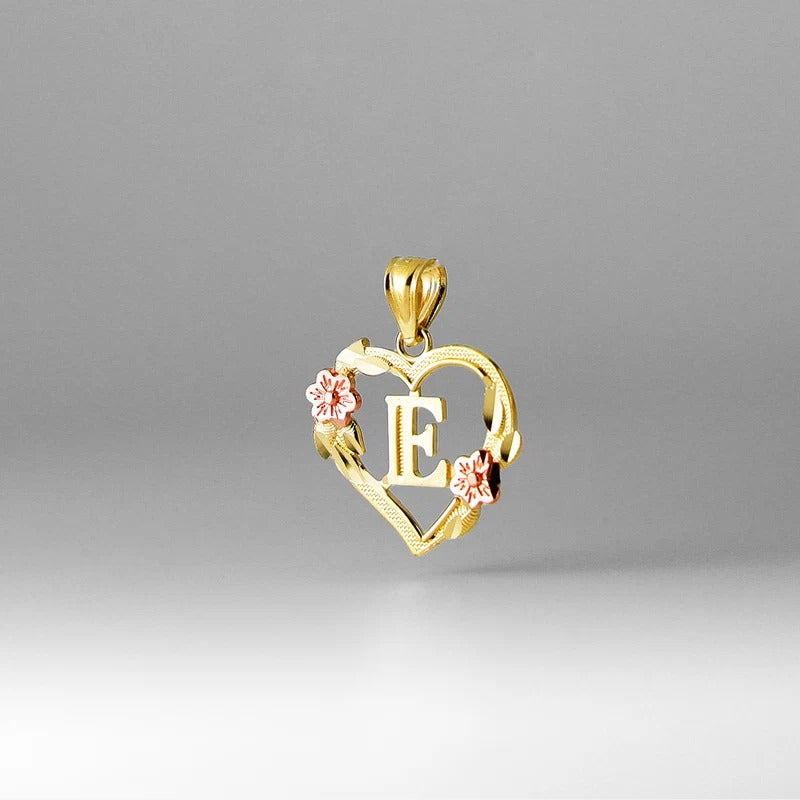 10K gold heart and flower initial pendant - letter E