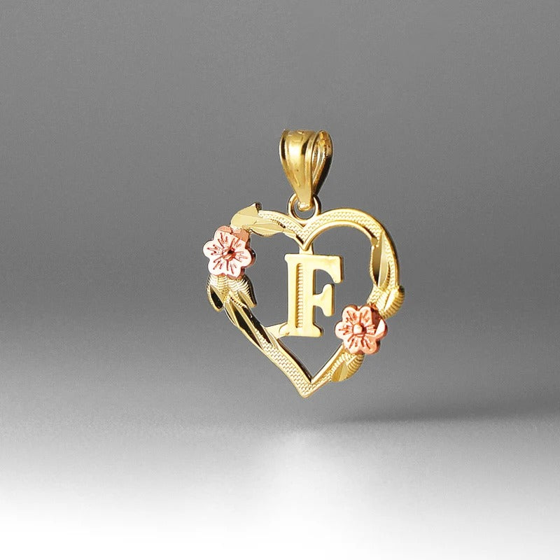 10K gold heart and flower initial pendant - letter F