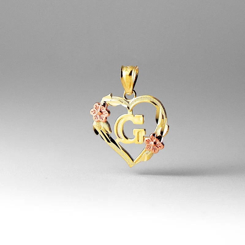 10K gold heart and flower initial pendant - letter G