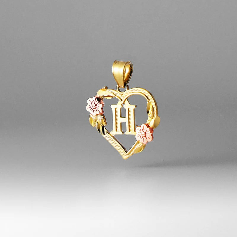 10K gold heart and flower initial pendant - letter H
