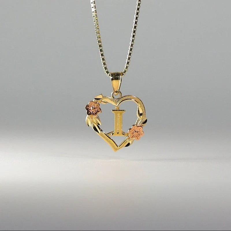 10K gold heart and flower initial pendant - letter I