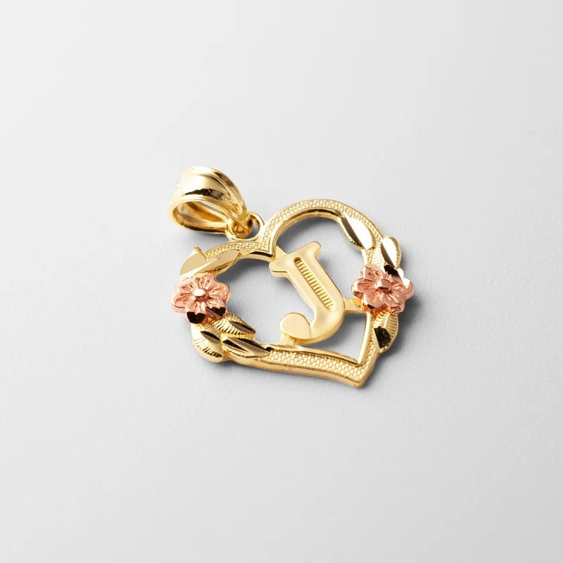 10K gold heart and flower initial pendant - letter J
