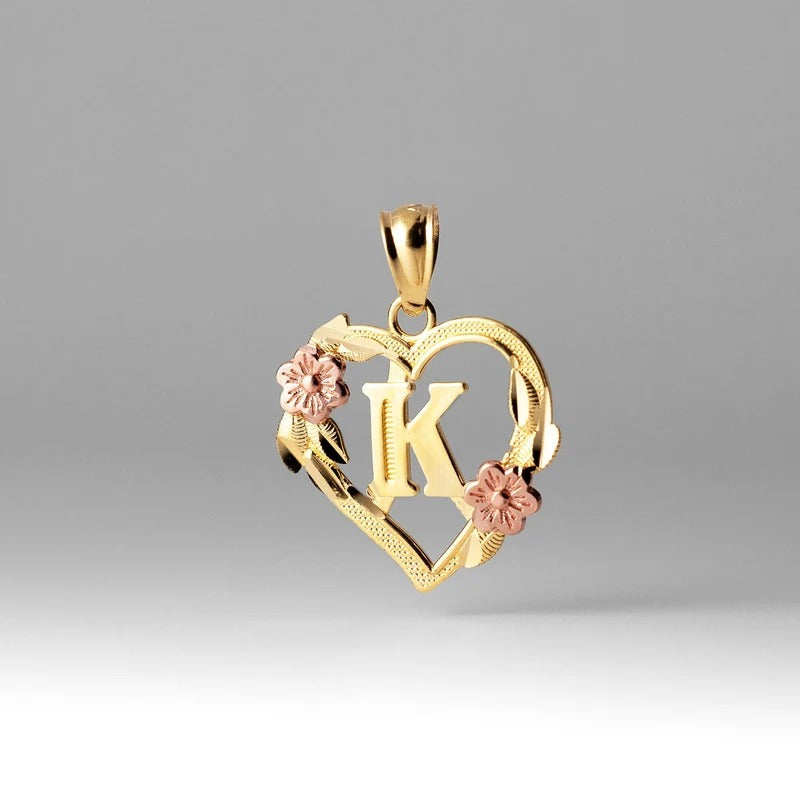 10K gold heart and flower initial pendant - letter K