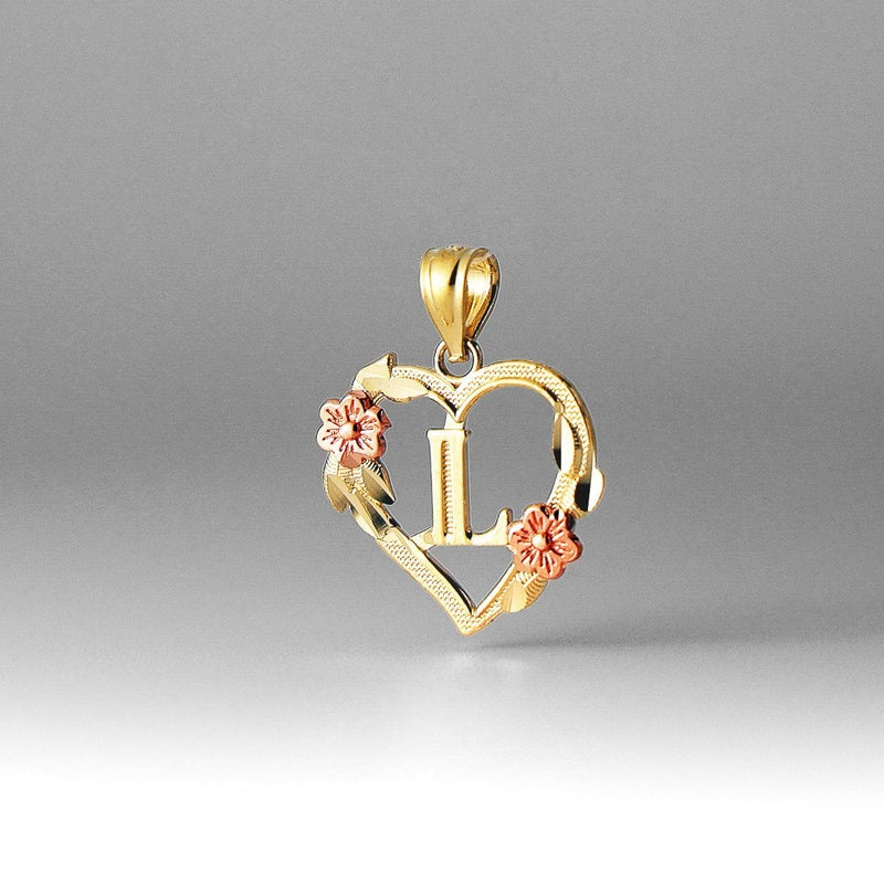 10K gold heart and flower initial pendant - letter L