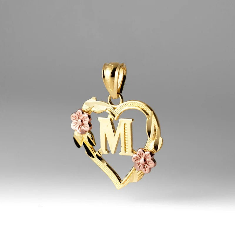 10K gold heart and flower initial pendant - letter M