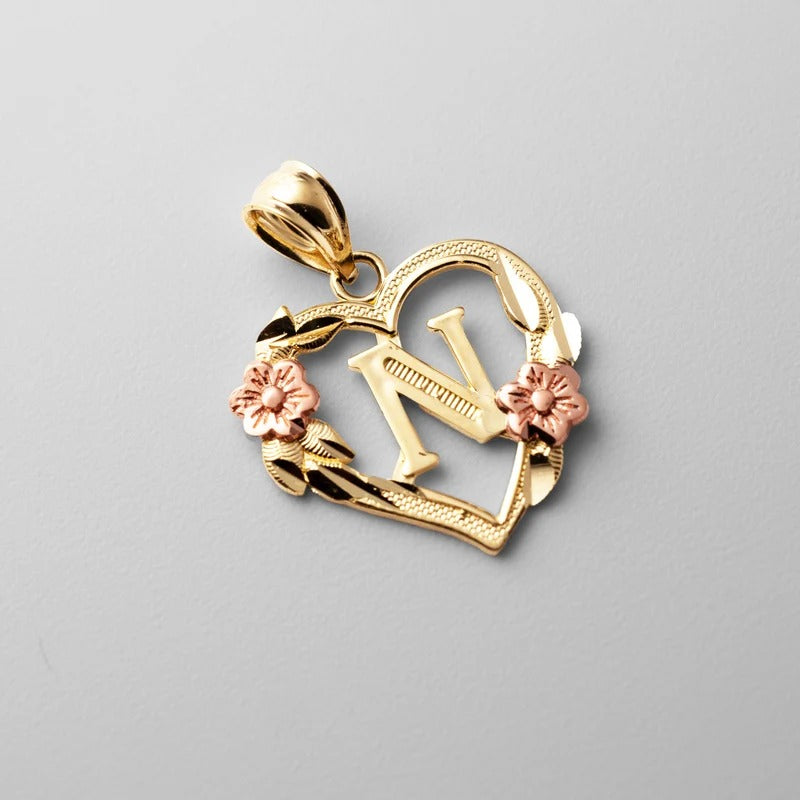 10K gold heart and flower initial pendant - letter N