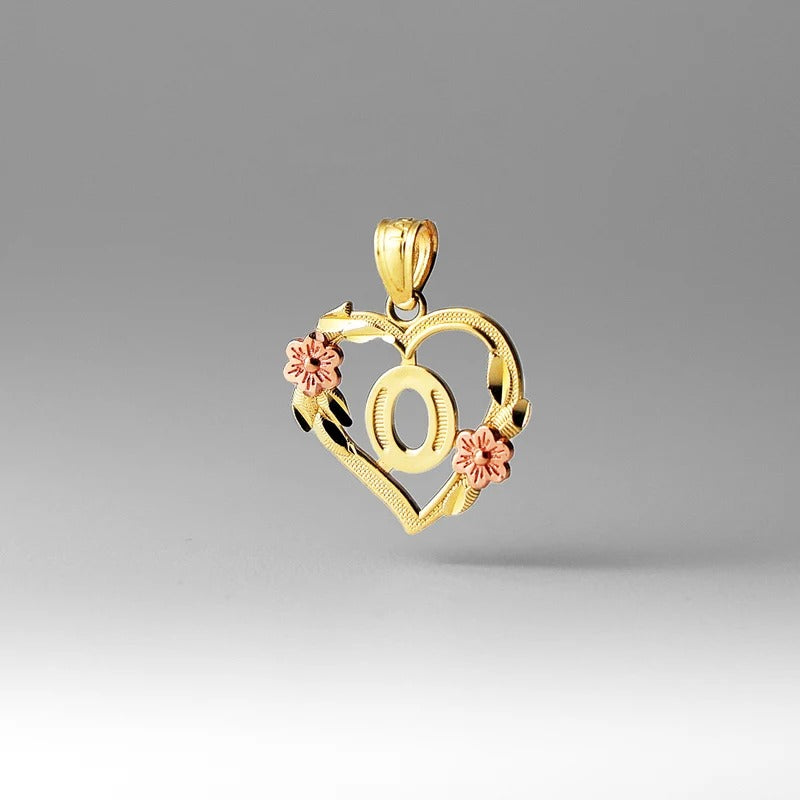 10K gold heart and flower initial pendant - letter O