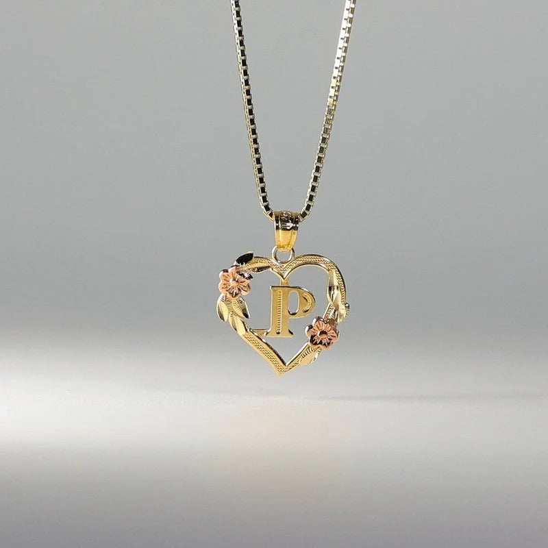 10K gold heart and flower initial pendant - letter P