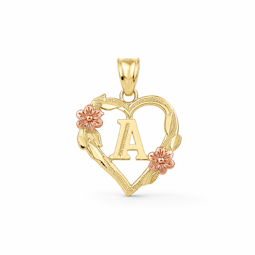 10K gold heart and flower initial pendant on white background