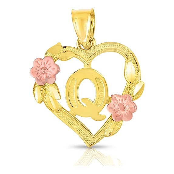 10K gold heart and flower initial pendant - letter Q