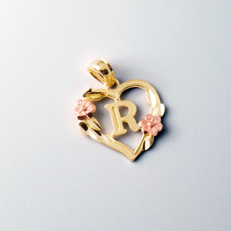 10K gold heart and flower initial pendant - letter R